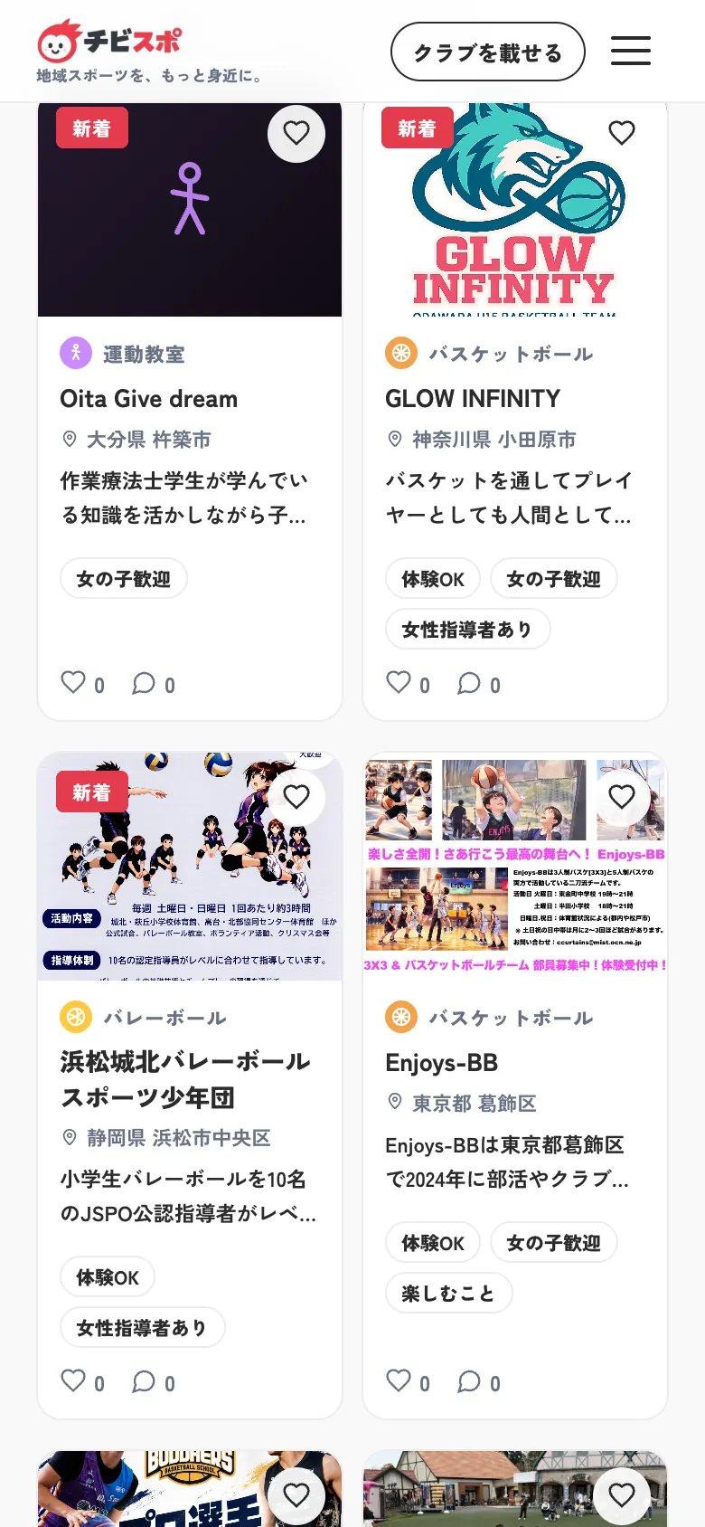 チビスポのトップページ「新しく載ったクラブ」
