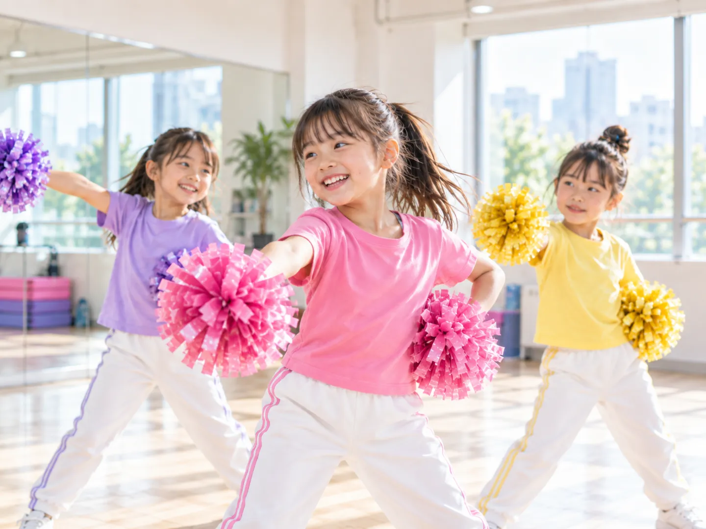カラフルなポンポンを持ってチアを楽しむ子どもたち