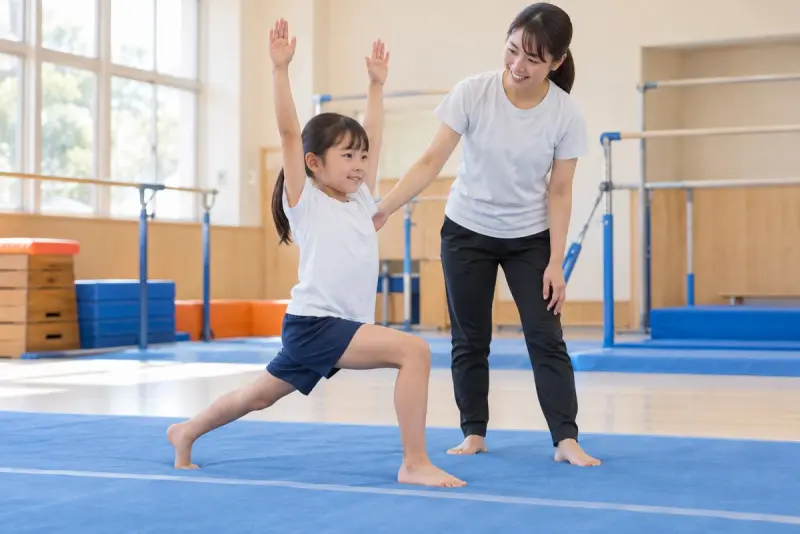 青いマットで先生と体操の姿勢を練習する小学生