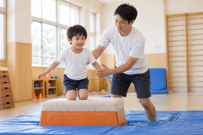 低い跳び箱で先生の補助を受けながら練習する子ども