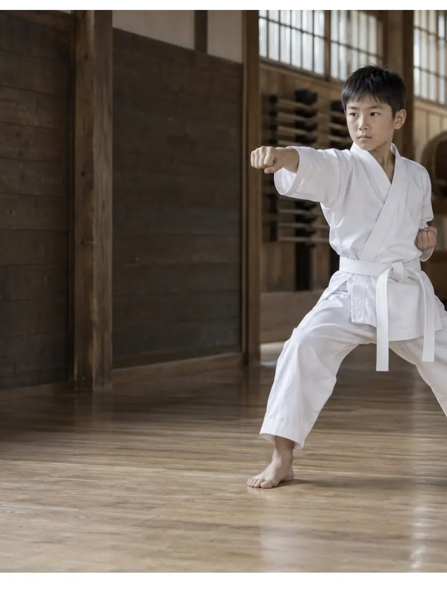 道場で正拳突きの構えをとる子ども